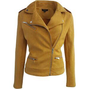 Women's Faux Suede Jacket Long Sleeves Zipper Up Casual Outwear Mustard